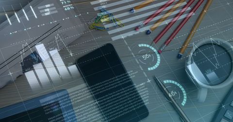 Digital Finance Data Visualized on Workspace Desk Overlay - Download Free Stock Images Pikwizard.com