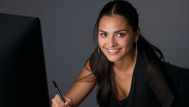 Confident professional smiling at desk holding pen while working on computer with hoops