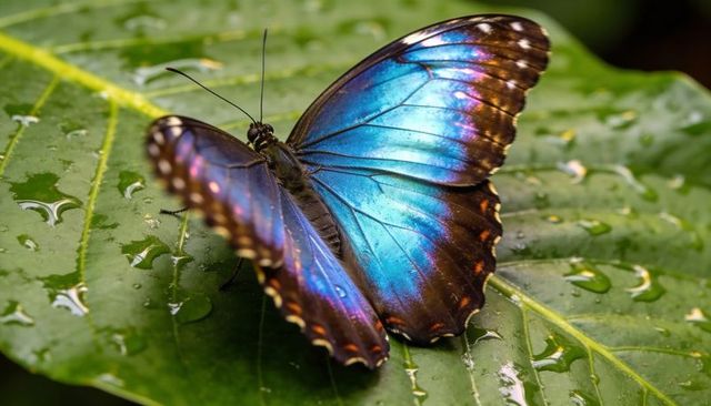 Iridescent blue morpho butterfly resting on dewy green leaf macro close-up