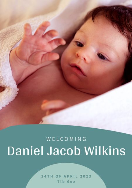 Composition of welcoming daniel jacob wilkins text over caucasian baby on green background - Download Free Stock Videos Pikwizard.com