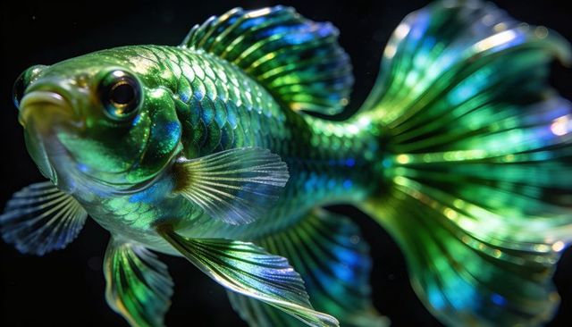 Gliding iridescent aquarium fish with metallic green-blue scales and flowing veil fins