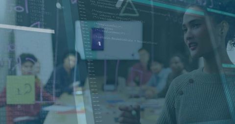 Woman presenting code overlay in collaborative tech meeting, team brainstorming in modern boardroom