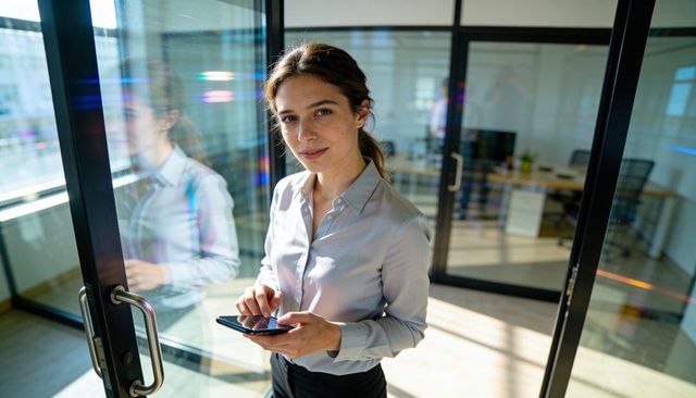 Young professional woman using smartphone standing in modern glass office with reflection