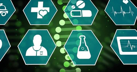 Digital Medical Icons Overlay on DNA Strand Background