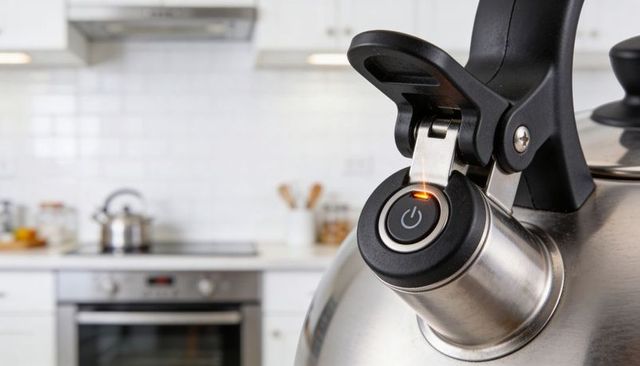 Kettle spout flipping with amber indicator light on stainless steel whistling kettle