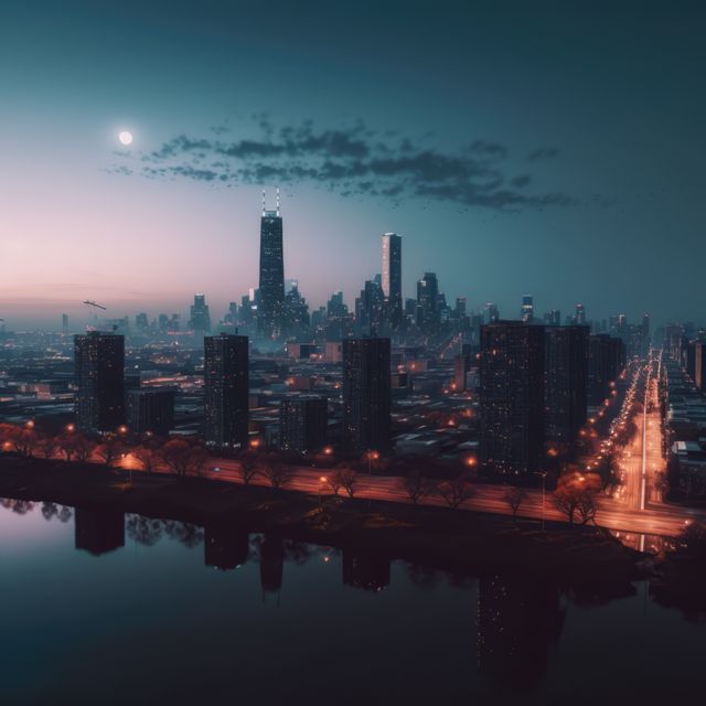 Skyline with modern buildings with full moon at night, created using generative ai technology. Urban architecture and cityscape concept digitally generated image.