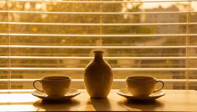 Sunlight casting warm stripes across windowsill, glossy vase and teacup pair at golden hour