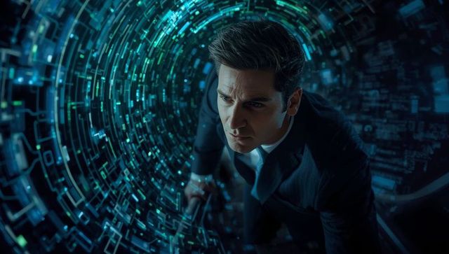 Businessman Exploring Digital Tunnel with Virtual Interface