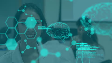 Biracial Female Scientist With Digital Brain Interface Overlay