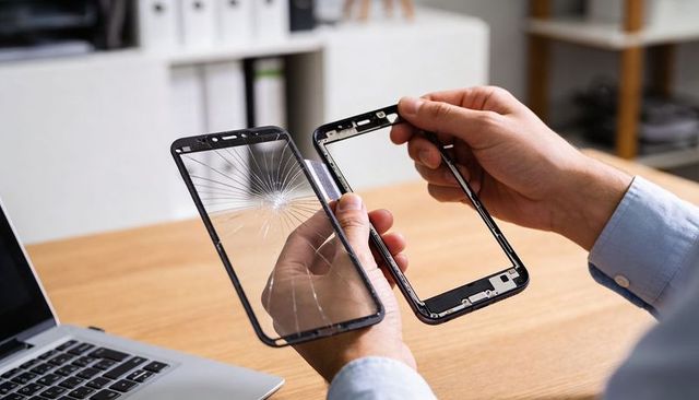 Repairing cracked smartphone front glass and frame on wooden desk with laptop