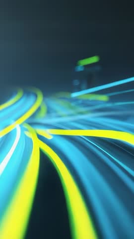 Shifting Camera Driving Neon Streams Racing Across Futuristic Digital Grid Vertical Motion Video