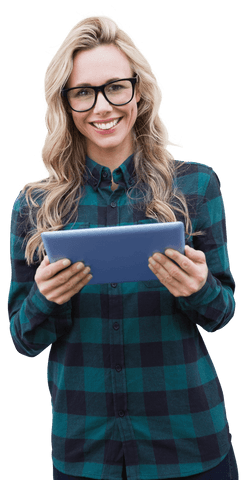 Happy Caucasian Woman Using Tablet on Transparent Background