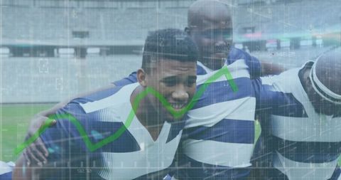 Rugby Players Embracing Amid Virtual Data Overlay in Stadium