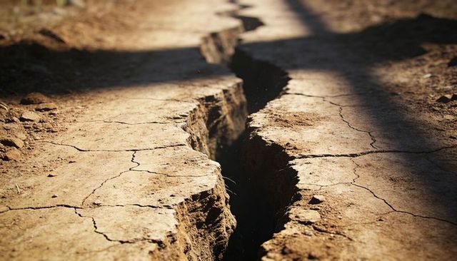 Deep ground fissure cutting through cracked dry earth under warm sunlight with steep walls