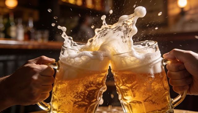 Clinking beer steins creating dramatic foam splash at bar celebrating cheers