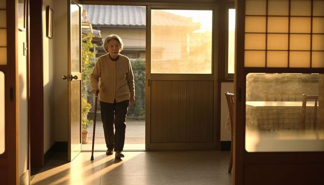 Walking senior woman entering sunlit foyer with wooden cane during golden hour