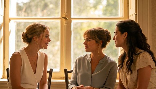 Three women chatting by sunlit window embracing cozy friendship and warm conversation