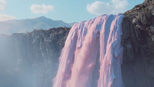 Surreal Pink Waterfall Flowing Down Majestic Cliffside