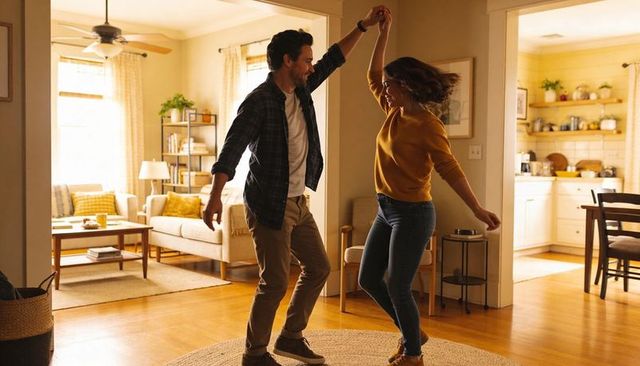 Couple dancing and twirling on woven rug in sunlit cozy living room, romantic home moment