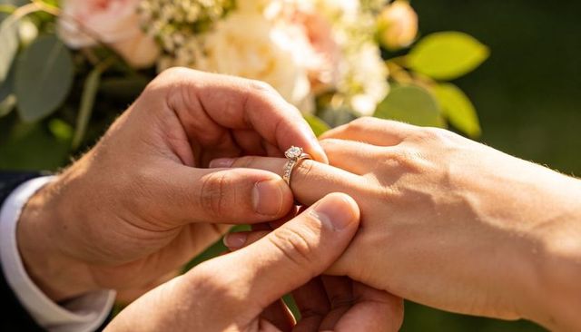 Placing diamond engagement ring onto hand during garden ceremony with floral bouquet