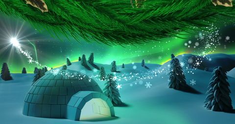 Seasonal Winter Wonderland with Igloo and Northern Lights