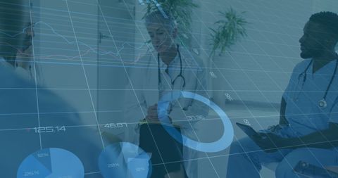 Diverse doctors analyzing financial data in healthcare