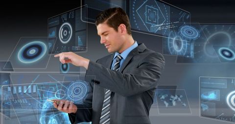 Businessman Using Virtual Interface with Digital Data Display - Download Free Stock Images Pikwizard.com