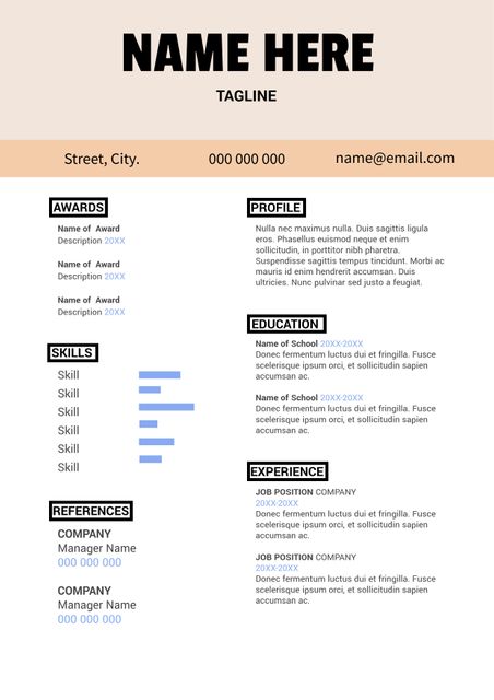 This modern and bold resume template is perfect for professionals looking to showcase their skills and experiences. Its clean and adaptable layout includes sections for awards, profile, skills, education, references, and experience, making it suitable for various job applications. Ideal for candidates in any industry who want to stand out with an organized and visually appealing resume.