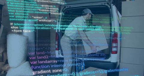 Delivery worker loading van with digital code overlay