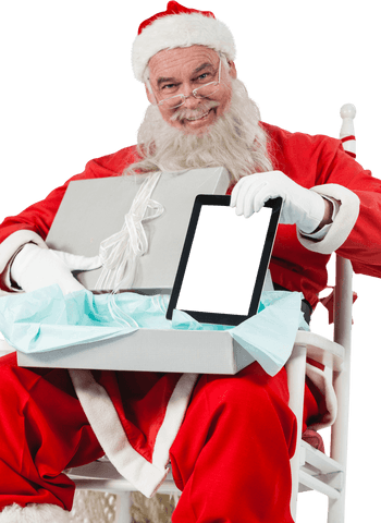 Smiling Santa Claus Holding Open Gift Box with Tablet on Green Transparent