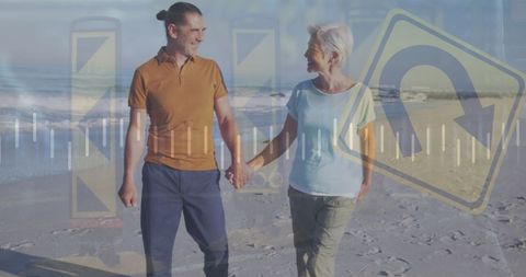 Senior Couple Enjoying Beach with Financial Data Overlay