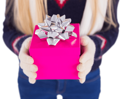 Woman holding transparent pink gift box with festive silver bow