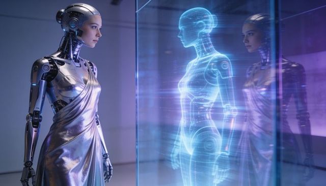 Female android observing holographic ai twin wearing silver gown in lab