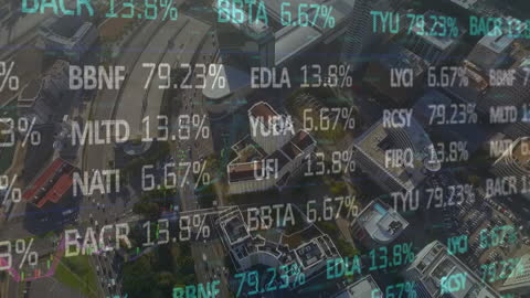 Global Financial Data Overlaying Urban Skyline