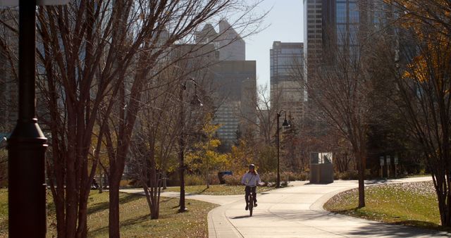 A cyclist is riding alone on a paved pathway in an urban park during autumn. The surrounding trees are bare with a few golden leaves remaining, and tall city buildings loom in the background. This can be used for themes related to exercise in urban settings, enjoying nature within the city, or the contrast between natural and urban environments.