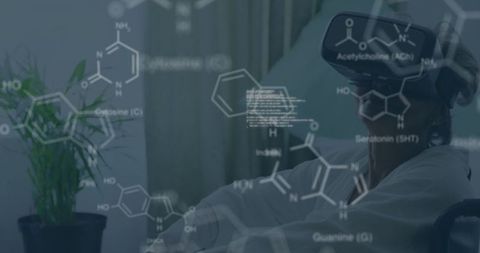 Woman Using VR Headset with Chemical Formula Projections