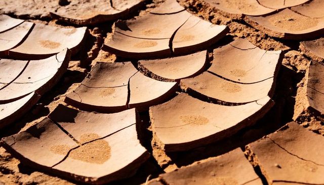 Sunlit cracked clay plates forming deep fissures on dried mudflat, arid texture closeup