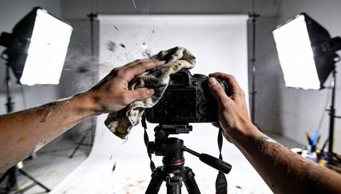 Cleaning dslr camera on tripod with paint-stained hands in professional studio setup