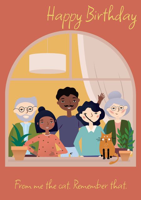 Joyful family of various ages and races smiling in front of window, with birthday message from family cat. Perfect for birthday cards, greeting illustrations, or family celebration promotions.