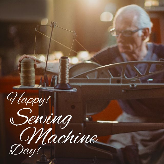 Digital composite image of sewing machine day text on caucasian senior man using machine at workshop. fashion industry and skill concept.