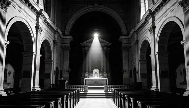 Sunbeam illuminating altar in empty cathedral nave with arches, columns and crucifix
