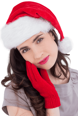 Brunette Woman in Santa Hat with Red Gloves on White Background