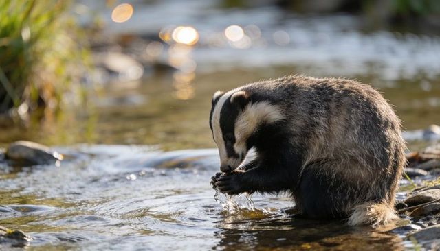 Sunlit badger lapping water in shallow creek among rocks and grasses