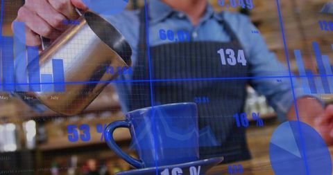 Barista pouring latte art into blue cup with financial charts overlaying augmented reality
