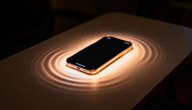 Smartphone emitting warm concentric light rings on tabletop, ambient night tech glow