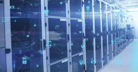 Digital Icons Overlaying High-Tech Data Servers in Modern IT Facility - Download Free Stock Images Pikwizard.com