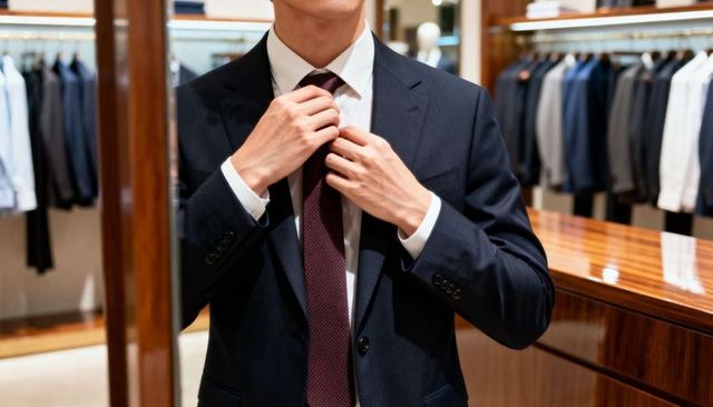 Man adjusting navy suit and tightening burgundy tie in luxury menswear boutique mirror