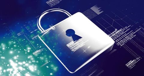 Futuristic metallic padlock over digital network showing code and bokeh for cybersecurity