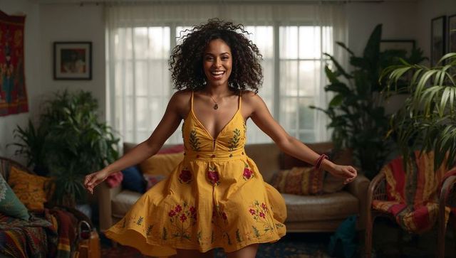 Smiling woman twirling in mustard embroidered sundress in sunlit bohemian living room
