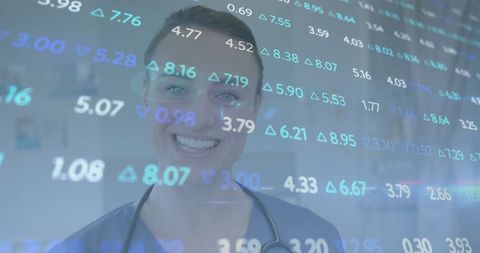 Smiling Female Doctor Amidst Stock Market Data Overlay